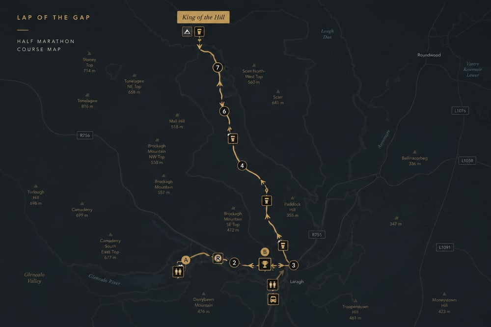 Course map of the Glen to Glen Half, showing the route with kilometre markers, water stations, toilets and parking.