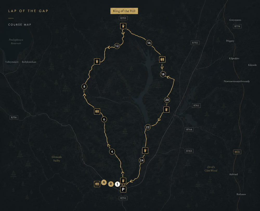 Course map of the Lap of the Gap Marathon, showing the route with kilometre markers, water stations, toilets and parking.